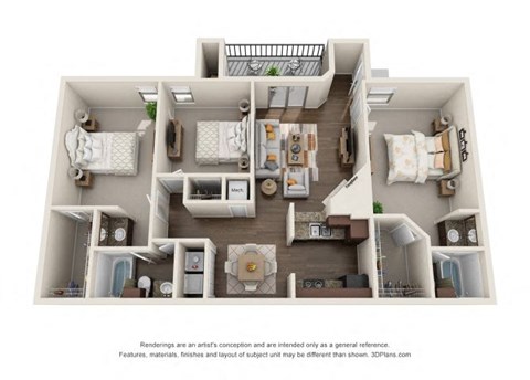 a floor plan of a 3 bedroom apartment